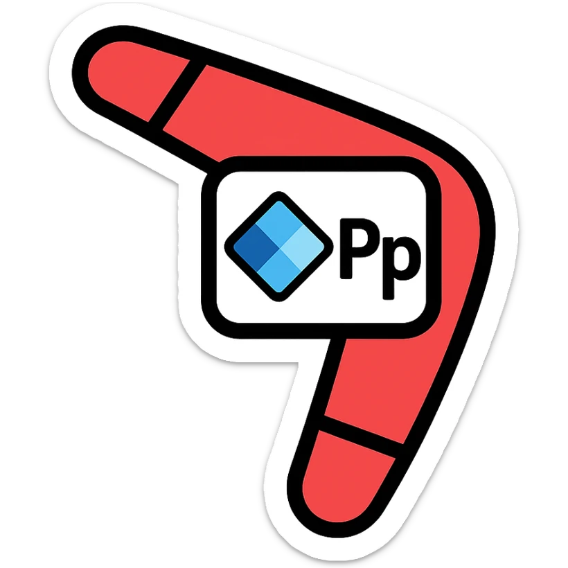 boomerang icon with Power Pages logo in the center, playful, red and white, outlined color style sticker
