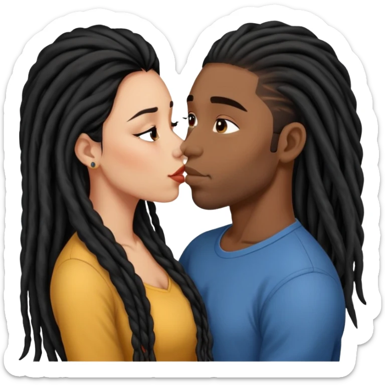 Latina Woman with long hair kissing a young black guy with dreads no beard sticker