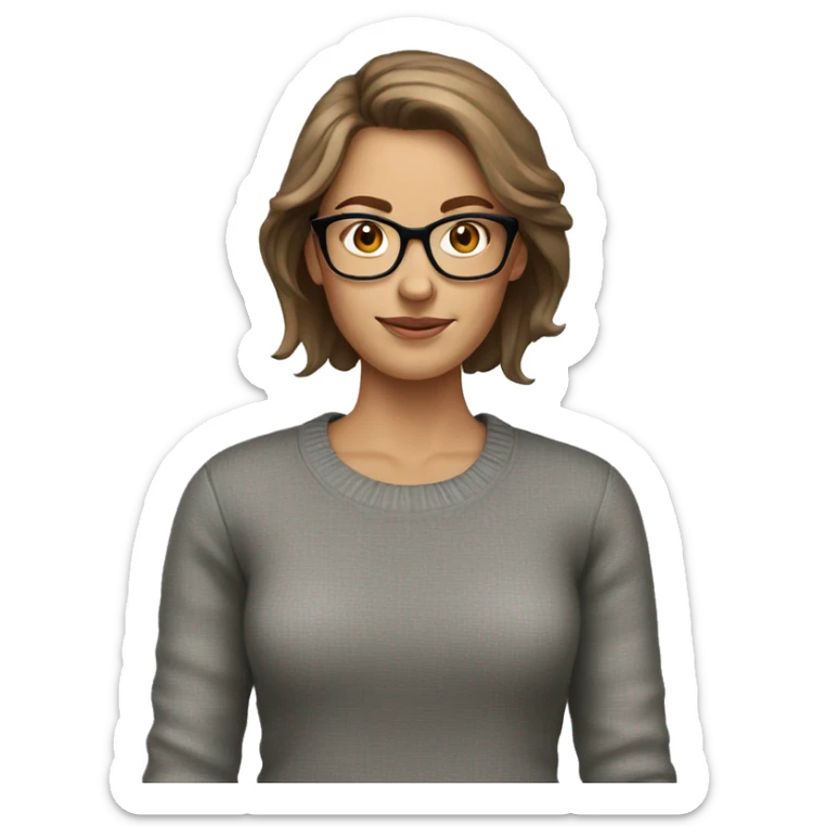 White woman, brown hair, gray sweater, glasses sticker