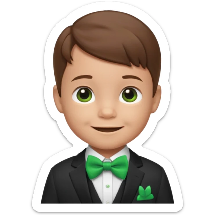 baby cute boy, brown hair in suit, with green bow, smile sticker