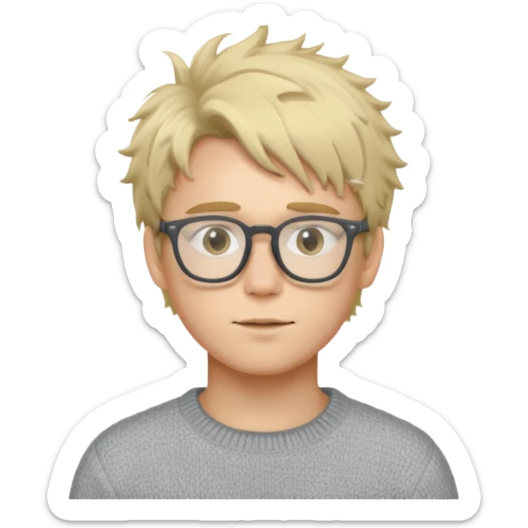 Twink with blonde messy hair and glasses, white skin and a grey sweater sticker