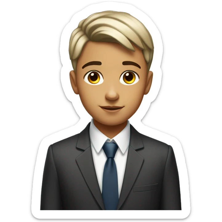 a 12 year old with a few freckles and a low taper fringe haircut and is white but 20% tanned and wearing a suit  sticker