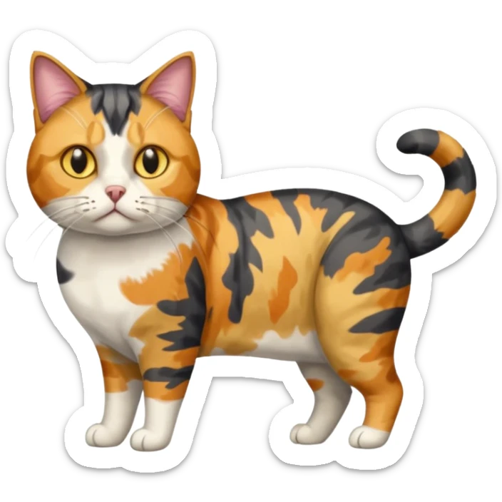 full body colourful calico tabby cat with disproportioned head with an anxious face sticker
