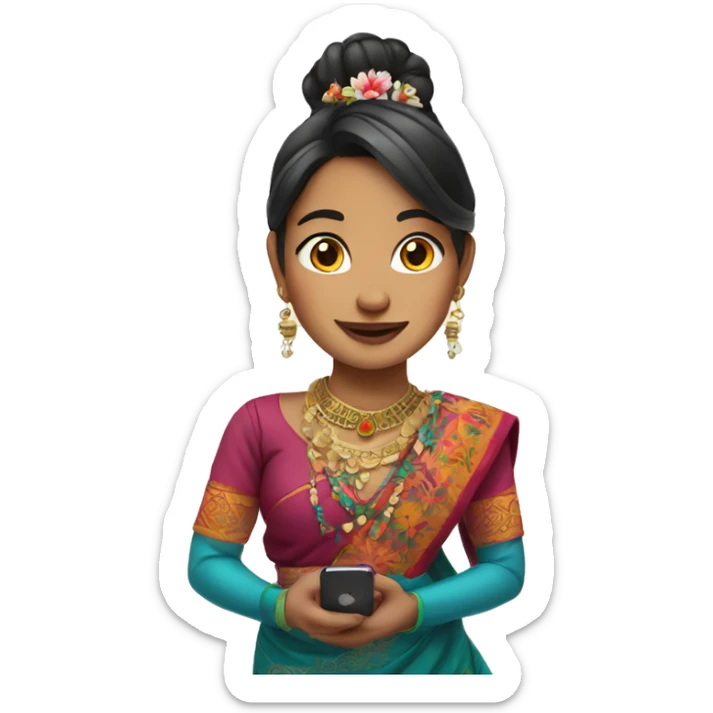 beautiful girl with iphone mobile in hand wearing nepali cultural dress sticker