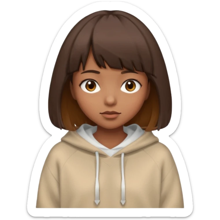 A girl with a brown bob and wispy bangs almond eyes with hooded eyelids a oversized sweater sticker