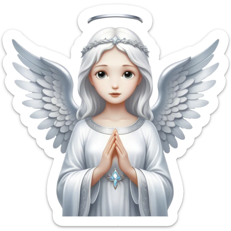 Full body, Cinematic and Ultra realistic 32k HD hauntingly beautiful Angel with Balanced features, highly detailed, glowing with silver light, high shine, remembrance, a painting of white silver, fanciful, enchanting. The image is so lifelike it could leap off the canvas at any moment sticker