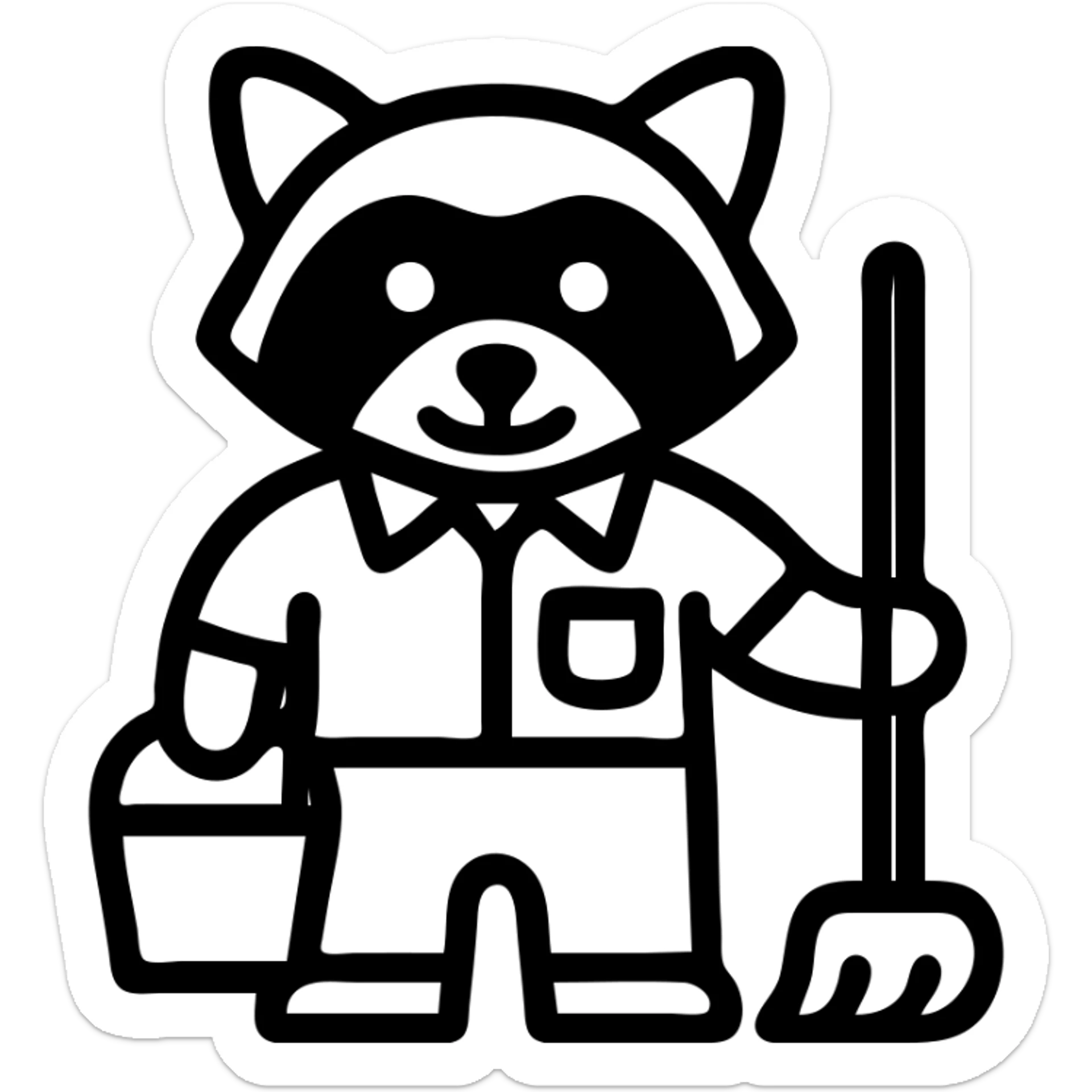a raccoon in a janitor uniform, holding a mop and bucket, friendly look, outlined icon style sticker