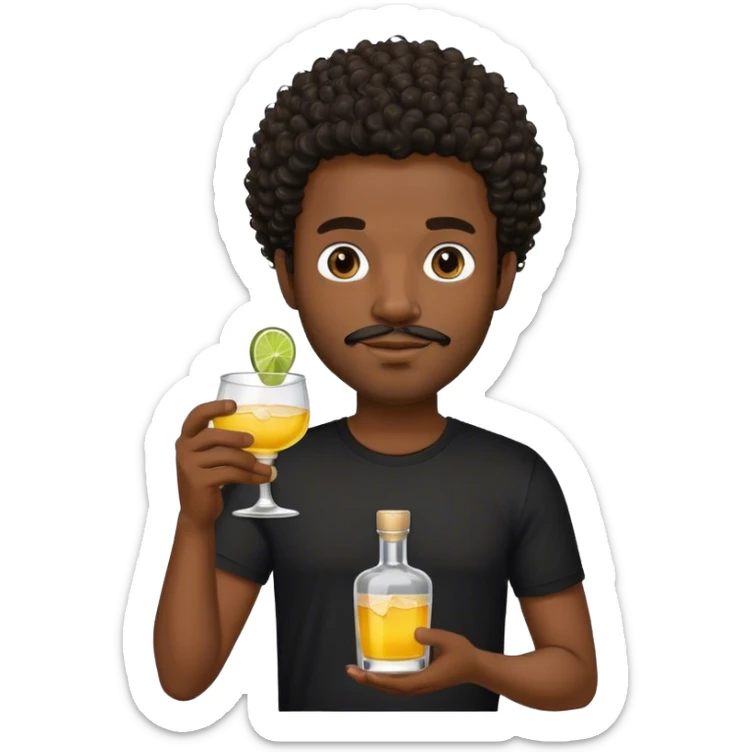 dark black guy, short curly hair, facial hair, holding tequila, black shirt  sticker