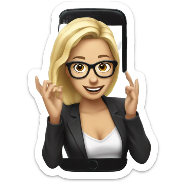 profile jumps out of phone. Blonde woman with black glasses  sticker