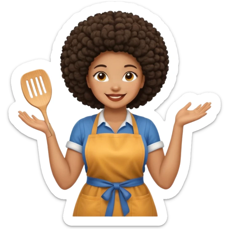 Mujer curvy afro, con vestimenta cómoda y delantal, con sonrisa contagiosa y dando la bienvenida  sticker