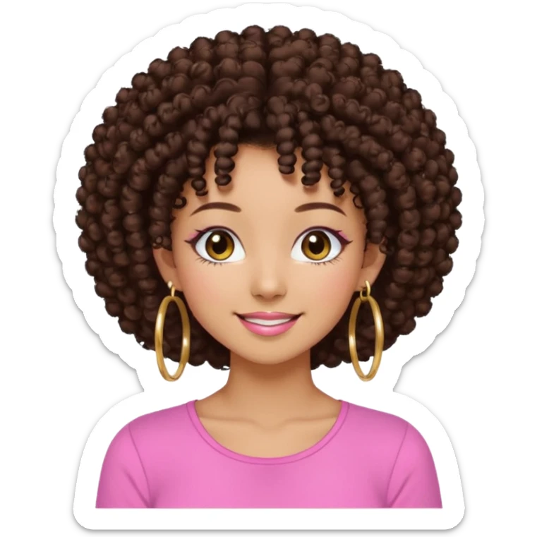 Naturally tan skin girl short darkBrown curly afropink shirt very long lashes hoop gold earrings Brown eyes gyaru smiling closed mouth cute sticker