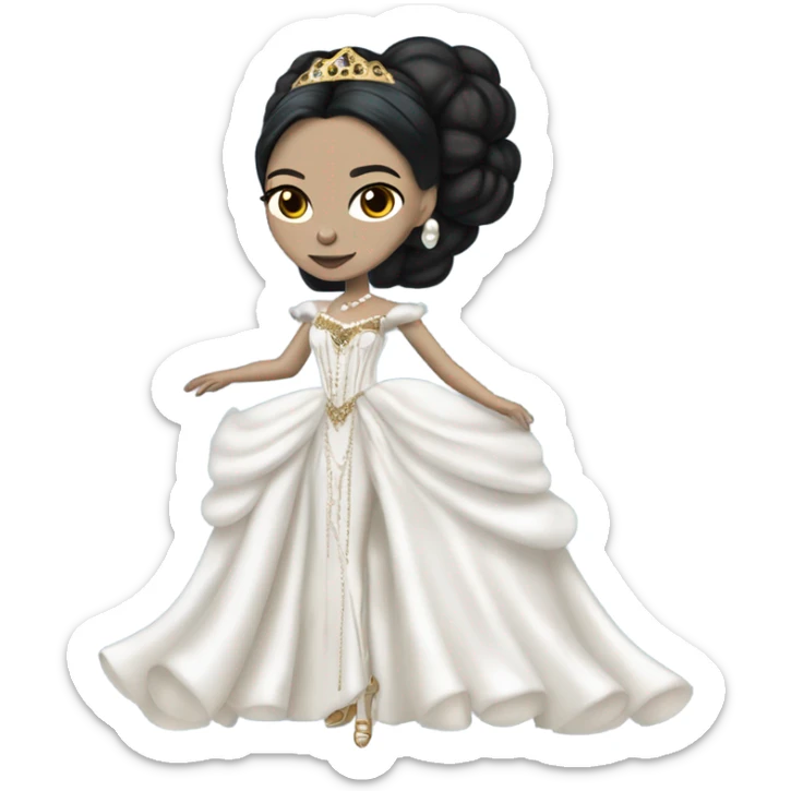 Tall realistic face teen Morticia Addams in as Princess Leia in ruffled pearl-white and blue ballet ball gown with gold accents and accessories  sticker