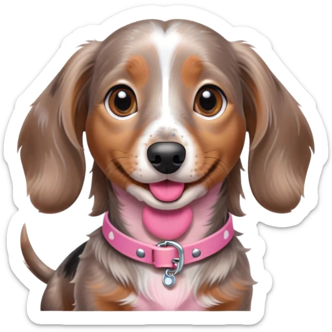 a brown grey and white dapple mini long hair dachshund with speckles across her head and chest, her tongue out and a pink collar sticker