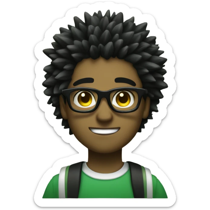 black male with spiky hair with black on the top and gold on the bottom glasses, with a girl with brown hair green eyes and black semi circle glasses sticker