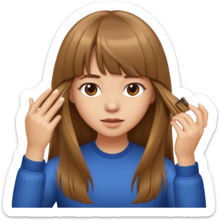 a girl with light skin and brown long hair with bangs who is doing her hair sticker