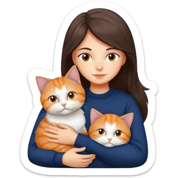 a girl with long dark brown hair, in a navy sweater, hugs a persian peaknose grey cat and persian peaknose orange and white kitten and a persion peaknose brown tabby and white cat sticker