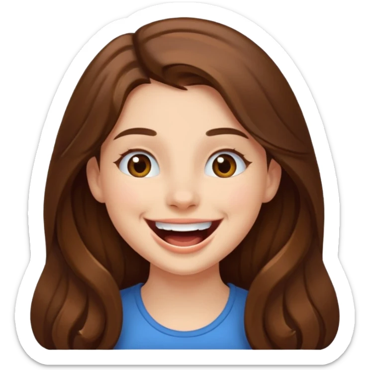 girl with white skin, long brown hair, brown eyes, laughing sticker