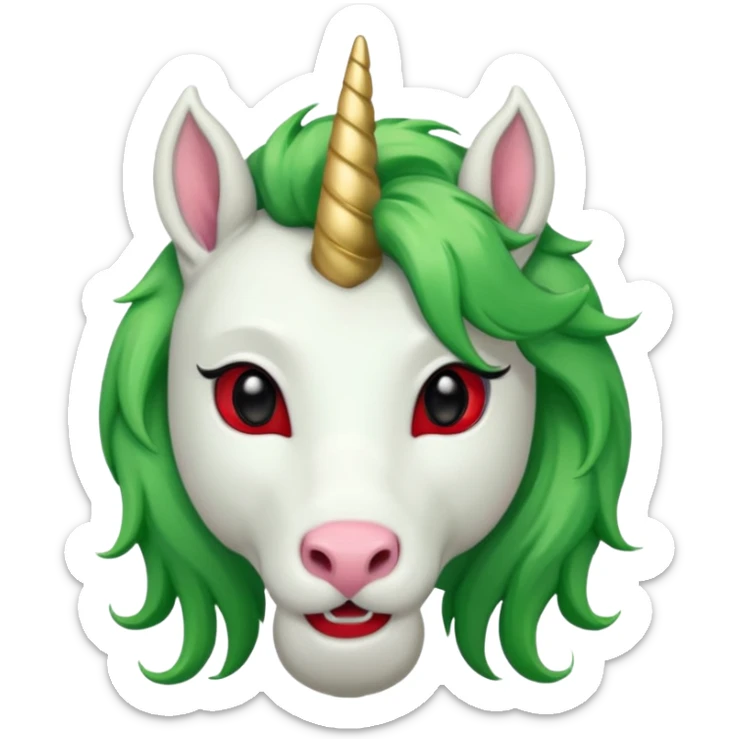 white furred unicorn with green hair and big red earrings looking into camera and big horn sticker