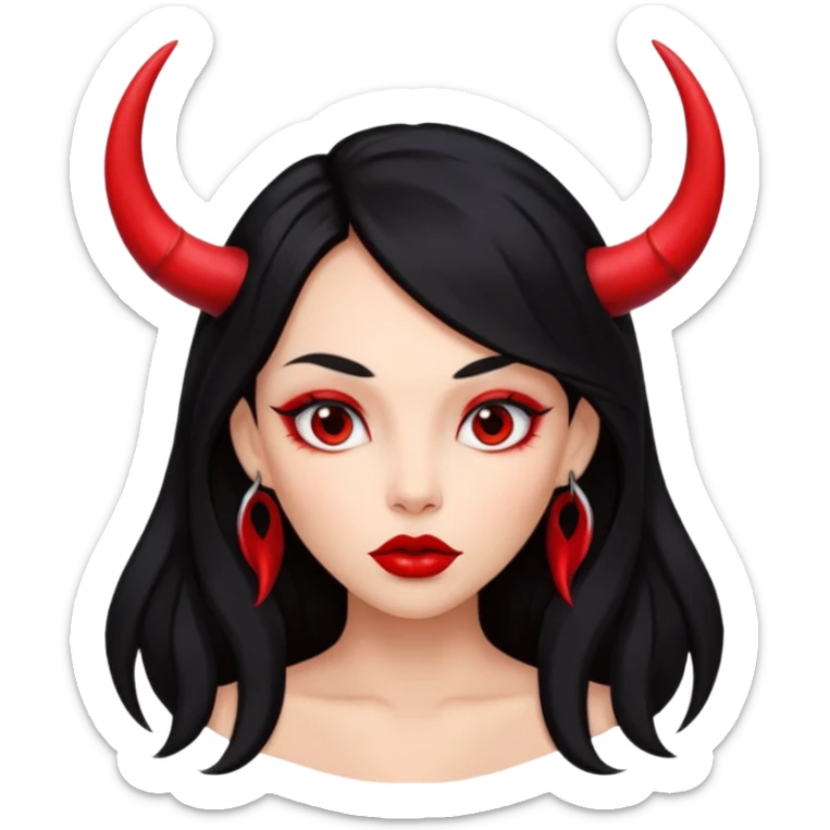 A girl's face with cheekbones, skin red, long black hair, small red horns, big lips sticker