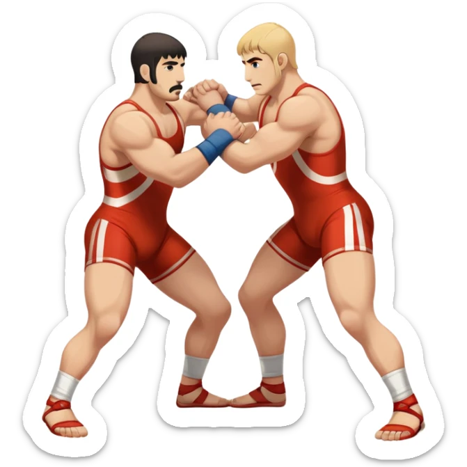 An icon symbolizing Greco-Roman wrestling, showing two wrestlers locked in a powerful grip, focusing on upper-body techniques. The background features a wrestling mat, with the athletes wearing traditional singlets. Transparent background highlights the strength and skill of the sport. sticker