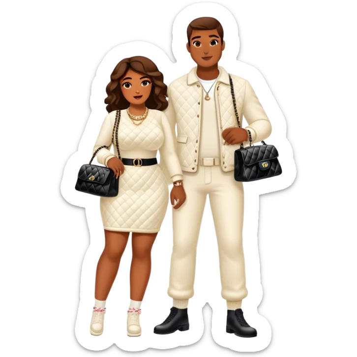 Man living his dream. He’s boo’d up with a pretty Brownskin big booty woman wearing a Chanel outfit with her holding a Chanel bag. The man has on an Off-White outfit down to the shoes and socks sticker