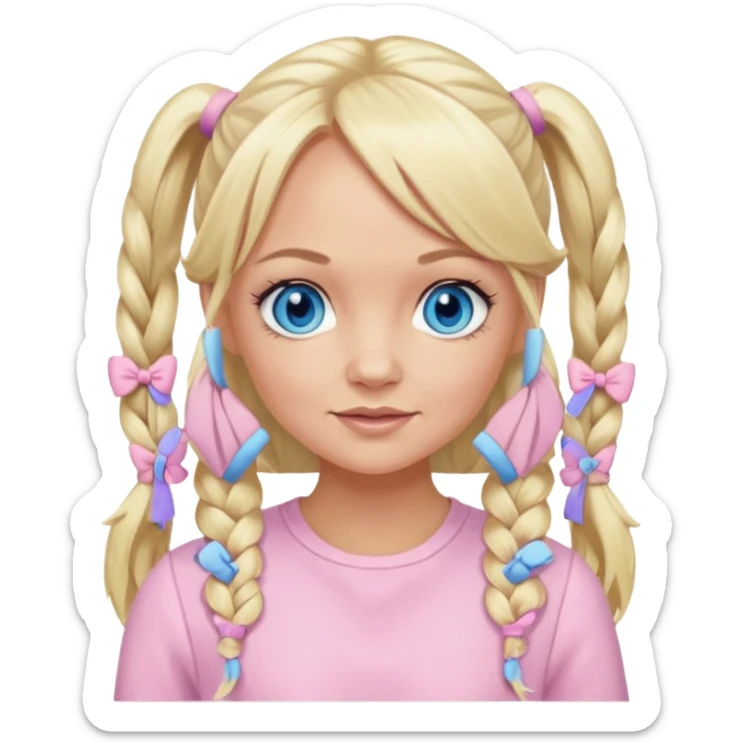 Emma Bunton blue eyes, long blonde pigtails hair, light pink outfit sticker