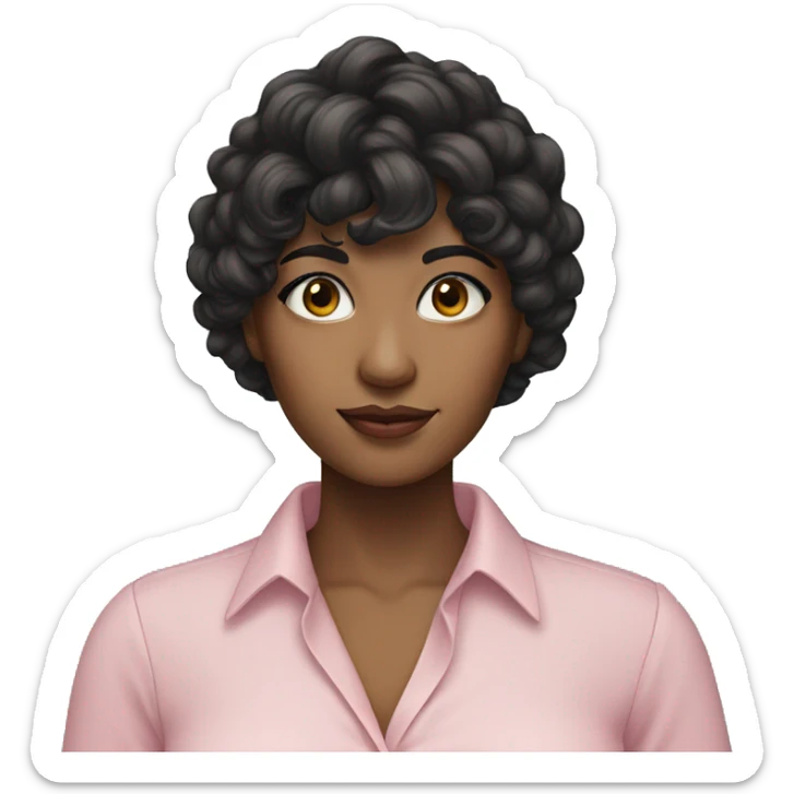 woman with long black curly hair and bangs and dark brown eyes, wearing a pastel pink blouse sticker