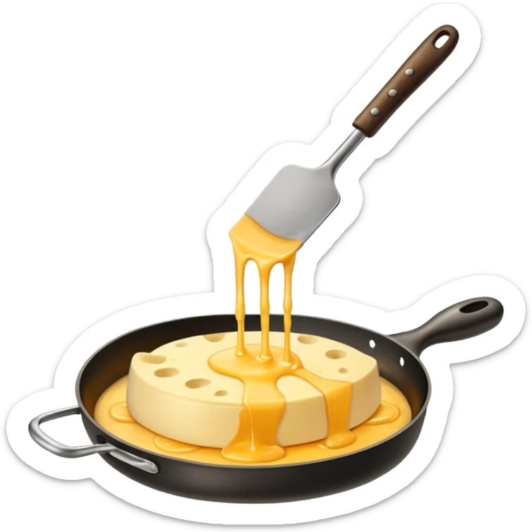 Emoji of raclette cheese being scraped with a metal spatula, melted cheese flowing, warm golden colors, modern emoji style, clean outlines, transparent background sticker