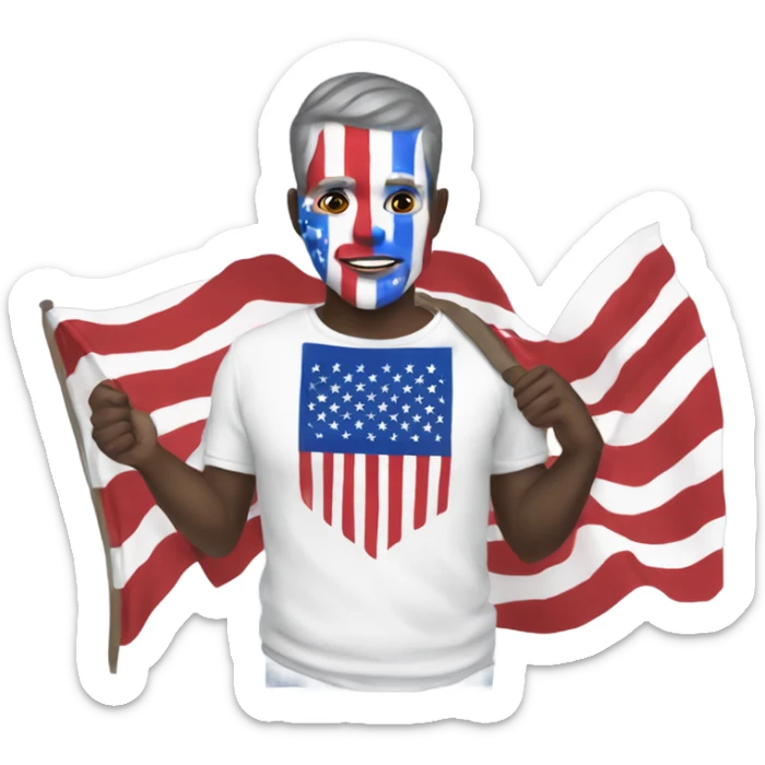 patriotic white man with red white and blue face paint, holding an american flag and wearing a shirt that says freedom sticker