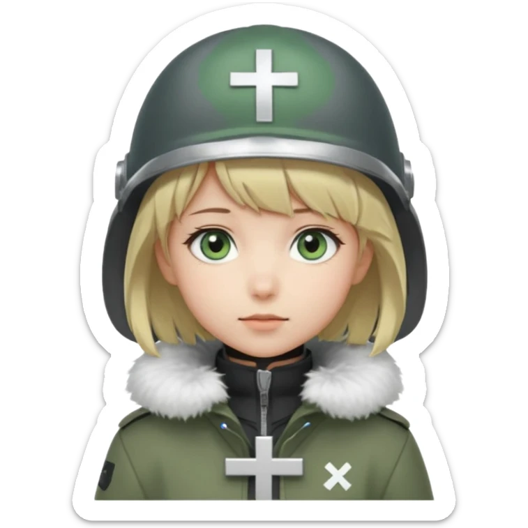 a cute anime girl with short blonde hair and soft bangs, large light blue eyes, and a gentle, calm expression. She is wearing a dark gray helmet with a small cross symbol on the front and a green coat with a fluffy white fur collar. Minimalistic, soft, and innocent character design. sticker