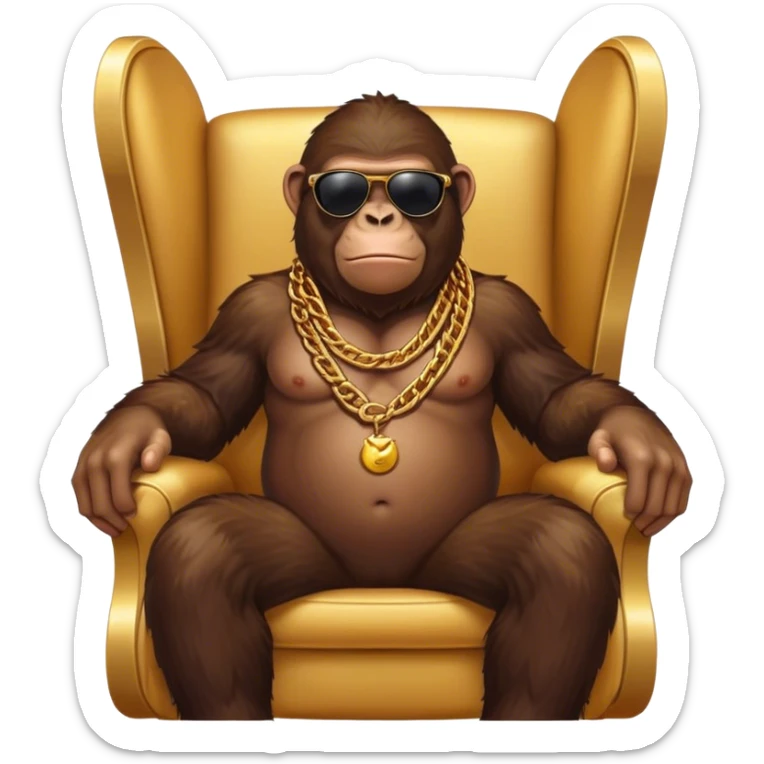 ape with big golden chain on the neck wearing sunglasses sitting in the armchair full height sticker