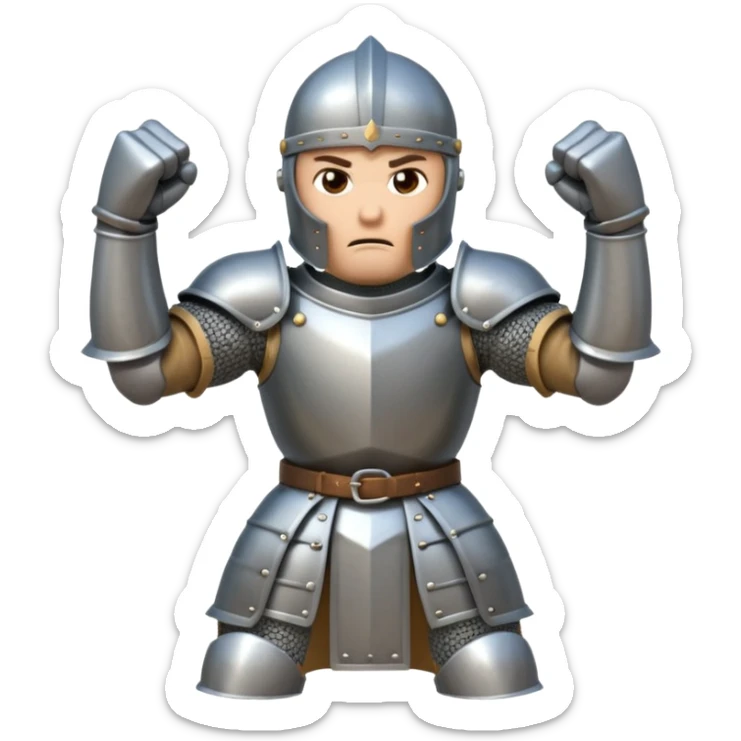 A cartoon knight in full armor with a closed helmet, expressing anger. The knight's head is tilted forward, arms clenched into fists, and legs apart. sticker