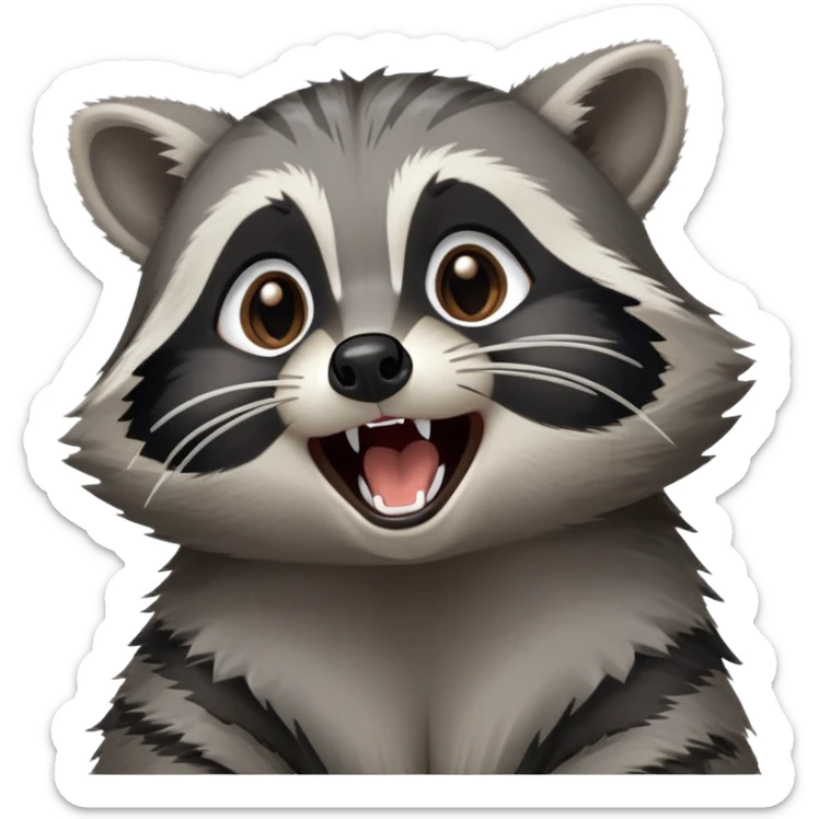 Cinematic-Cute-Yawning-Raccoon-Portrait-Emoji – Head tilted slightly with a dramatic, wide-open yawn, revealing a soft grey and black fur coat with a striped bushy tail, round brown eyes barely open in drowsy curiosity. sticker