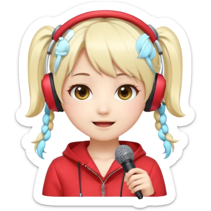 Cute kawaii emoji-style Japanese K-pop singer girl, long platinum blonde hair in twin tails, red outfit, headset mic on cheek, Japanese K-pop idol vibes, big sparkling eyes, chibi proportions, clean lineart, pastel colors, cheerful idol smile, sticker/emoji style, transparent background sticker