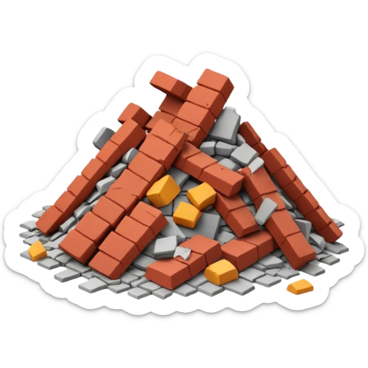 3D iPhone style emoji of a pile of bricks, roof pieces, and wall rubble, scattered and broken, isolated on white background, soft shadows, high detail, playful and cute sticker