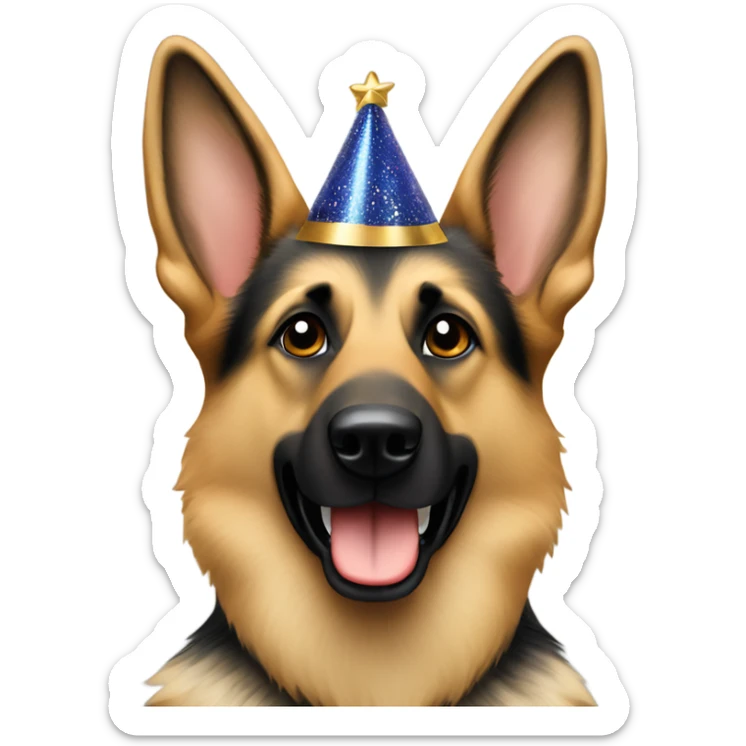 Blonde and brown German shepherd holding a sign that says “Happy New Year” sticker