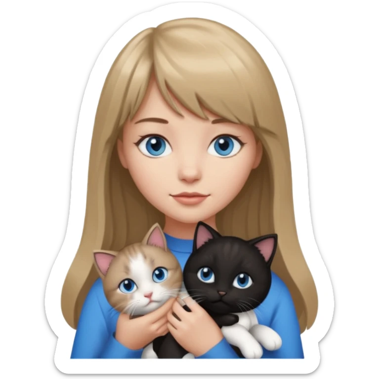 Apple-style emoji sticker of a young woman with long dark blond hair and bang, blue eyes , holding a black and white kitty sticker