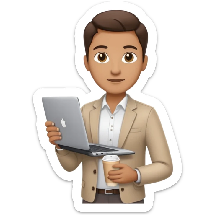 business owner standing confidently, holding a closed laptop in one hand and a takeaway coffee cup in the other. The character wears casual-smart clothes. sticker