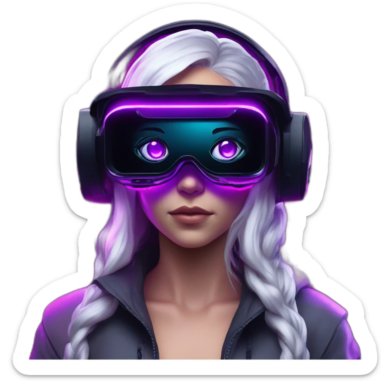 Daenerys Targaryen wearing a black hoodie with "OMG" letters on it and VR headset in a cyberpunk VR environment with violet neon lighting. sticker