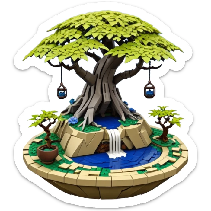 Alien Lego saucer hanging jungle-vines mountain-island landscape antique mudman very old broken cracked intricate Stone Age rocky-crusted irregular dodecagon-shaped shallow dark moss rough bark blue willow flowered maple tree bonsai pot sticker