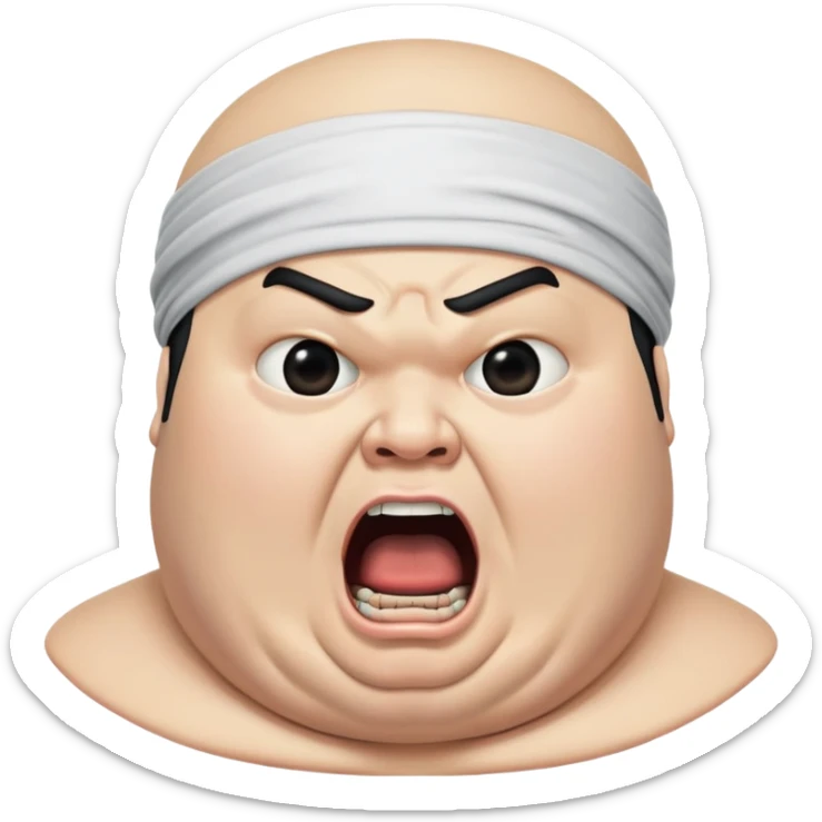 Super extreme tight close-up of just the face of morbidly obese white skin guy with young face, prominent BLACK DURAG tied clearly on head, black beard but no mustache, clean shaven upper lip, black eyes, mouth wide open screaming angrily sticker
