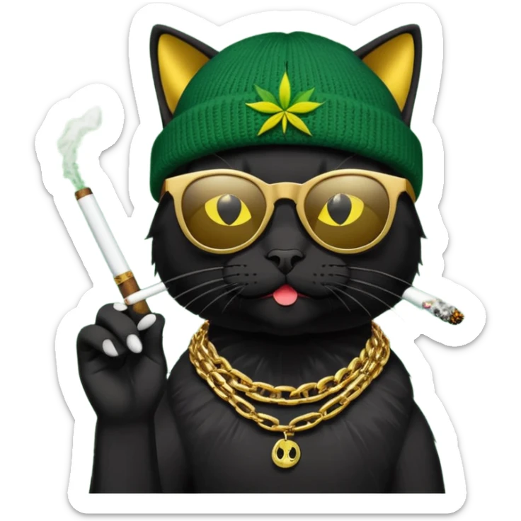 A black cat wearing the deal with it shades and a rasta beanie and smoking a joint and wearing a gold chain that says 420 sticker
