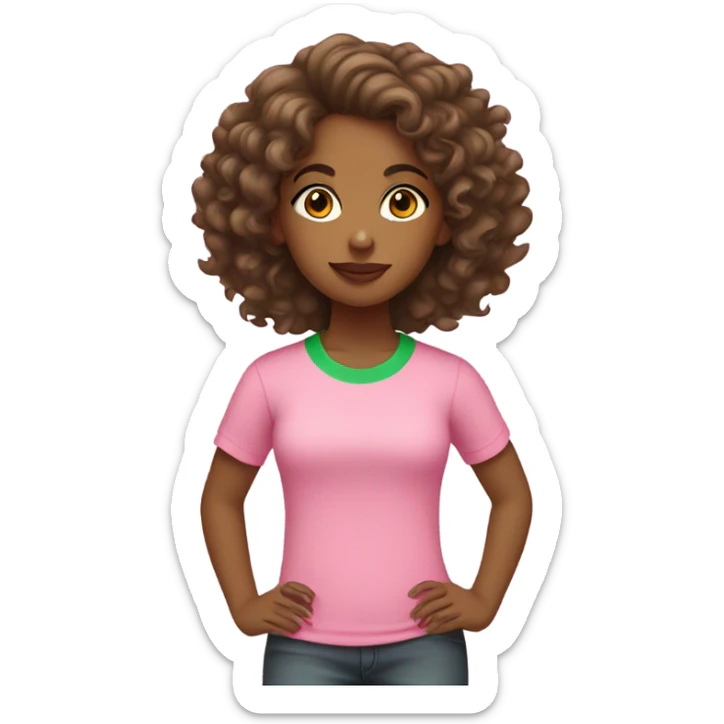 Brown girl with curly hair wearing pink and green t-shirt sticker