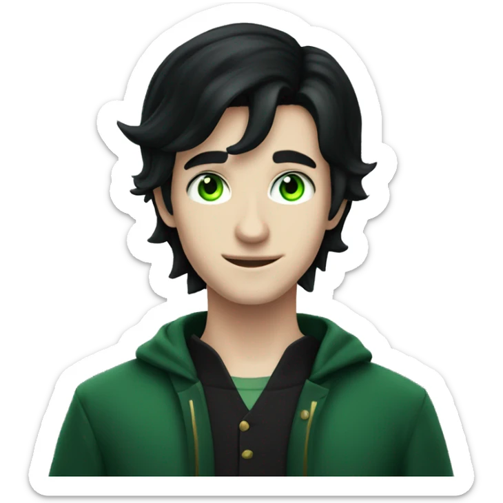 teenage white-skinned magician with black hair, green eyes in dark green disguise sticker