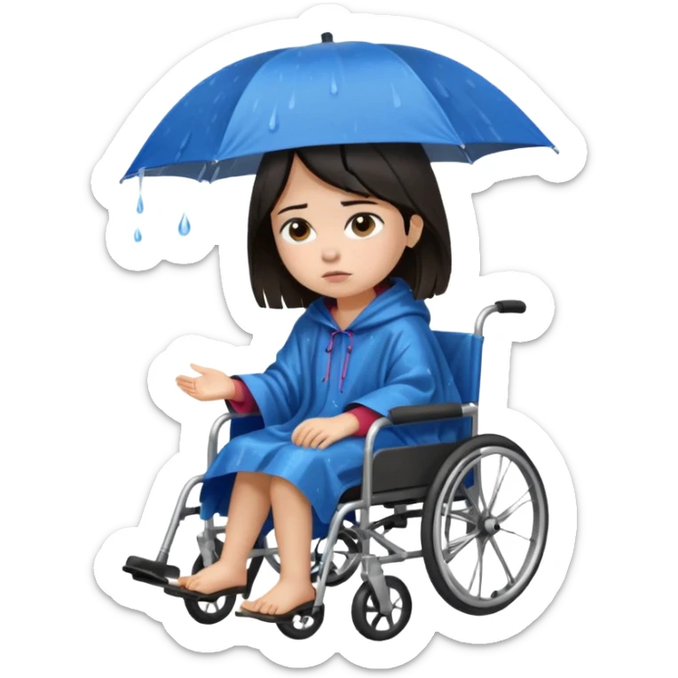 Girl with dark hair  in a wheelchair with rain poncho sad with rain  sticker