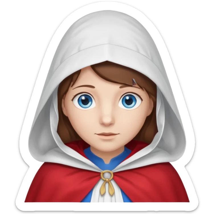 Handmaids tale Caucasian blue eyes brown hair wearing white bonnet and red cape emoji sticker