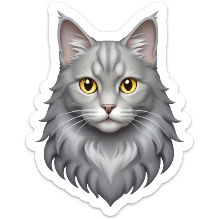 Cinematic Grey Maine Coon Cat Portrait Emoji, Elegant and alert, sleek grey, silver, and white tones, Simplified yet sharp features, highly detailed, glowing with a cool, confident glow, high shine, intelligent and poised, stylized with an air of grace, focused and attentive, soft glowing outline, capturing the essence of strength and sophistication, so lifelike it feels as though it could spring into motion with its majestic tail swishing at any moment! sticker