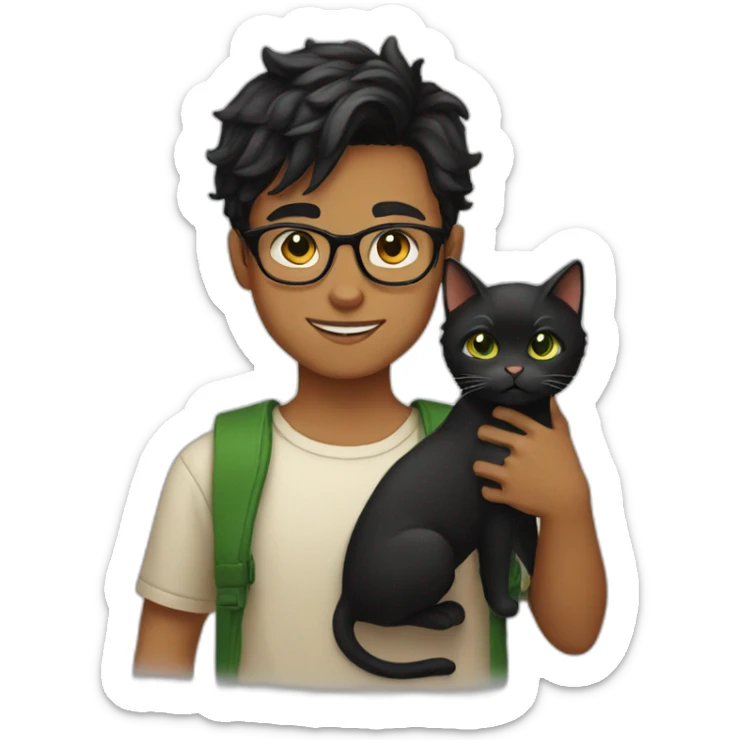 Boy with green eyes, with black short hair, glasses, holds Persian orange cat sticker