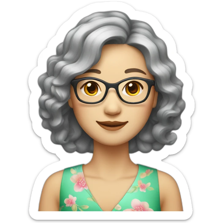 Chinese lady with like Lai gray hair wavy hair to the shoulder length where Chinese dress colourful dress wear glasses sticker