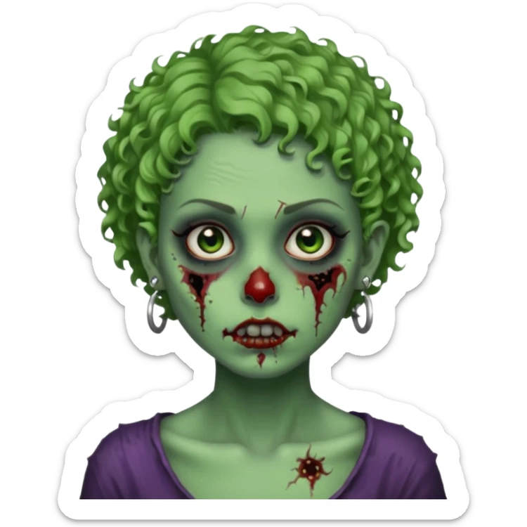 faça uma cabeça verde de zumbi femenina, com im cabelo curtinho cacheado, piercing no nariz, e brincos na orelha e várias cicatrizes, deixe ela macabra sticker